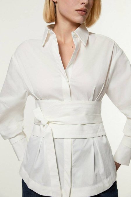Topstitch Waist Tie Woven Cotton Shirt White Karen Millen Tops Women