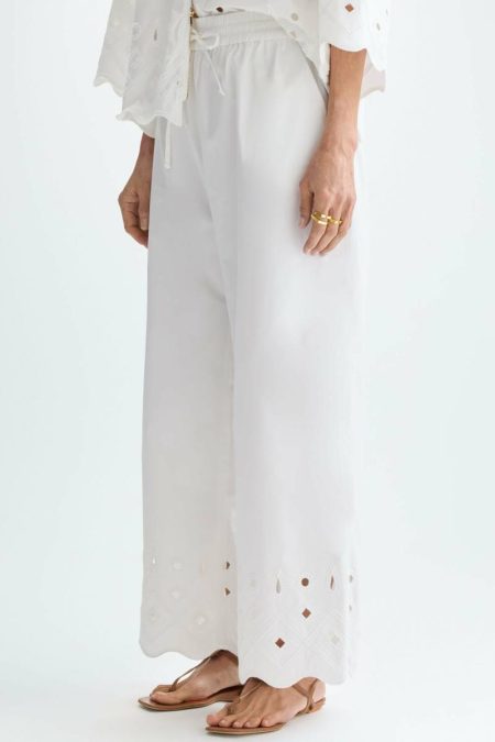 Trousers Cut-Out Embroidered Poplin Wide-Leg Trousers Purificacion Garci Women White