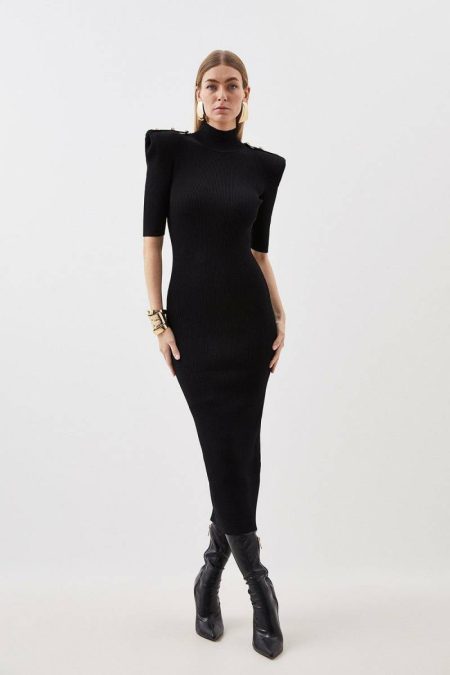 Viscose Blend Rib Knit Power Shoulder Military Trim Maxi Dress Maxi Dresses Copper Women Karen Millen