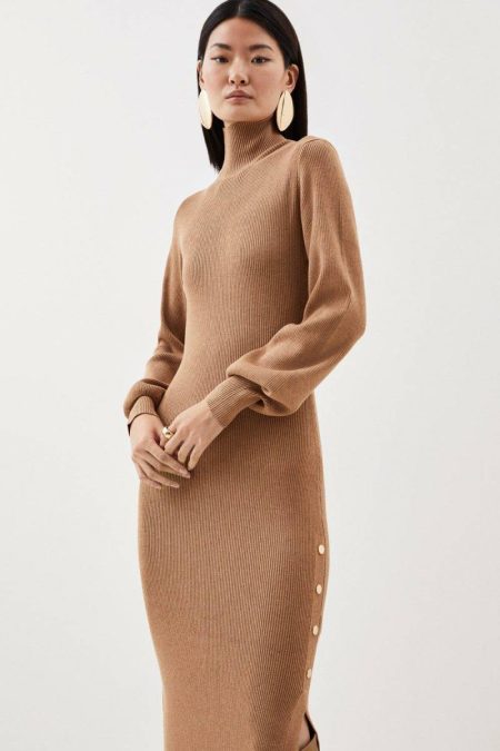 Viscose Blend Rib Knitted Maxi Dress Maxi Dresses Mushroom Karen Millen Women