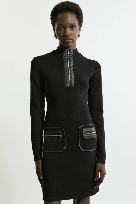 Viscose Blend Rib Mini Pu Detail Dress Tailoring Karen Millen Black Women