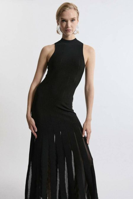 Viscose Blend Sheer Detail Full Skirt Knit Midi Dress Women Black Karen Millen Tailoring