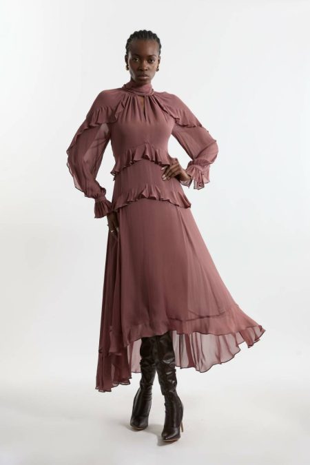 Viscose Georgette Ruffle Detail Drama Woven Dress Maxi Dresses Dusty Rose Women Karen Millen