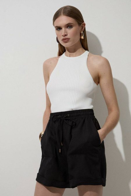 Viscose Linen Tie Waist Woven Short Shorts Women Karen Millen Stone