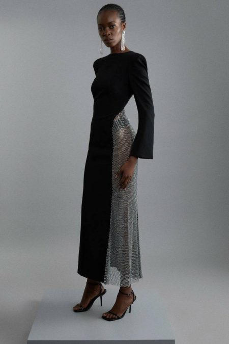 Viscose Woven Panelled Crystal Mesh Maxi Dress Ivory Tailoring Women Karen Millen
