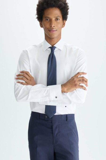 White Cufflinks Spread Collar Textured Shirt Men Shirts Purificacion Garci