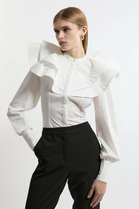 White Karen Millen Tailoring Lydia Millen Tall High Neck Ruffle Woven Cotton Shirt Women