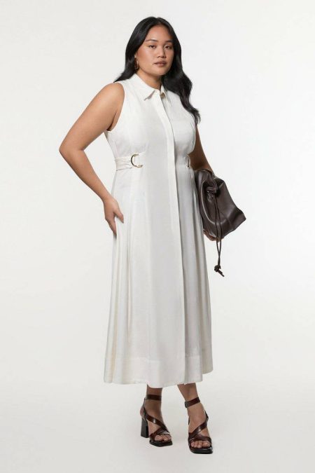 White Karen Millen Women Plus Size Premium Viscose Linen Topstitch Halter Neck Woven Midi Dress With D Ring Detail Midi Dresses
