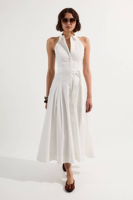 White Karen Millen Women Tall Cotton Collared Halter Neck Woven Midi Shirt Dress With Dropped Waist Detail Midi Dresses