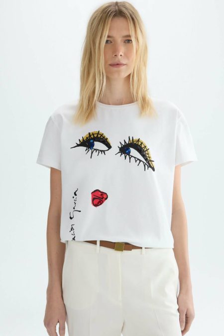 White Sequinned Print Jersey Straight-Fit T-Shirt Women Purificacion Garci T-Shirts And Tops