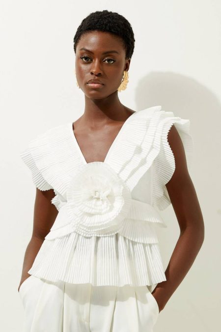 White Women Drama Pleat Ruffle Rosette Woven Top Tailoring Karen Millen