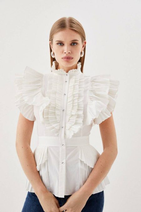 White Women Karen Millen Cap Sleeve Pleated Ruffle Woven Shirt Tops