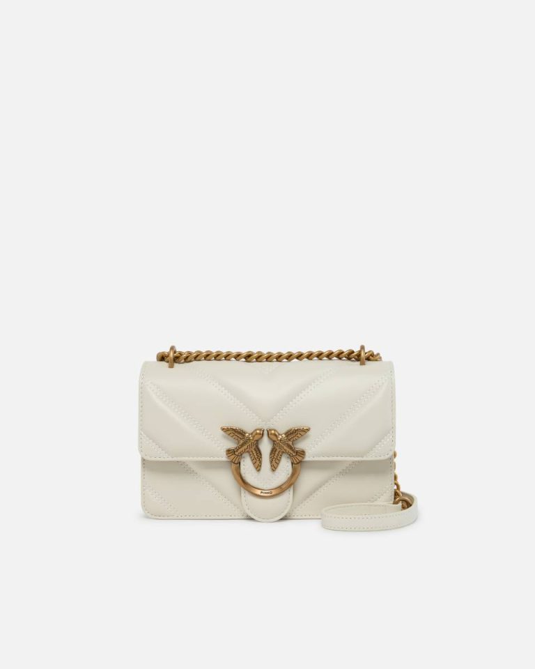 White+White-Antique Gold Love Bag Mini Chevron-Quilted Nappa Leather Crossbody Bag Shoulder Bags Pinko