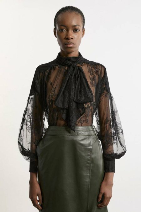 Wine Women Tops Karen Millen Tall Sheer Lace Godet Woven Blouse And Skirt Set