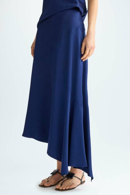 Women Asymmetric Satin A-Line Skirt Evening Purificacion Garci Navy