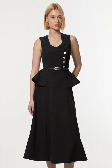Women Black Compact Stretch Belted Peplum Detail Full Skirted Midi Dress Midi Dresses Karen Millen