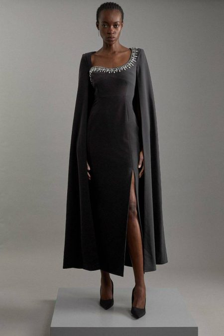 Women Black Crystal Embellished Viscose Crepe Woven Cape Maxi Dress Karen Millen Maxi Dresses