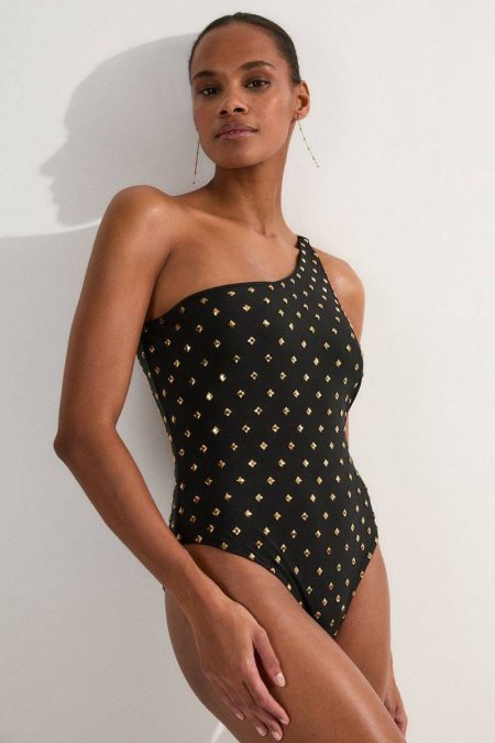 Women Black Gold Stud Swimsuit Karen Millen Swimwear