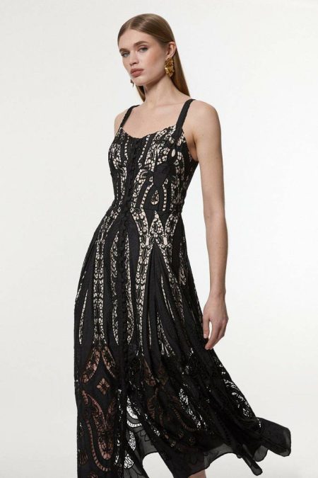 Women Black Karen Millen Maxi Dresses Petite Sheer Georgette Cutwork Strappy Woven Maxi Dress