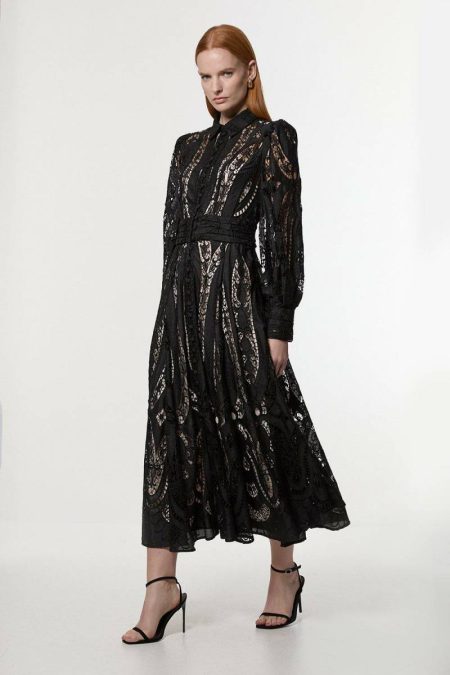 Women Black Karen Millen Maxi Dresses Sheer Georgette Cutwork Balloon Sleeve Woven Maxi Dress