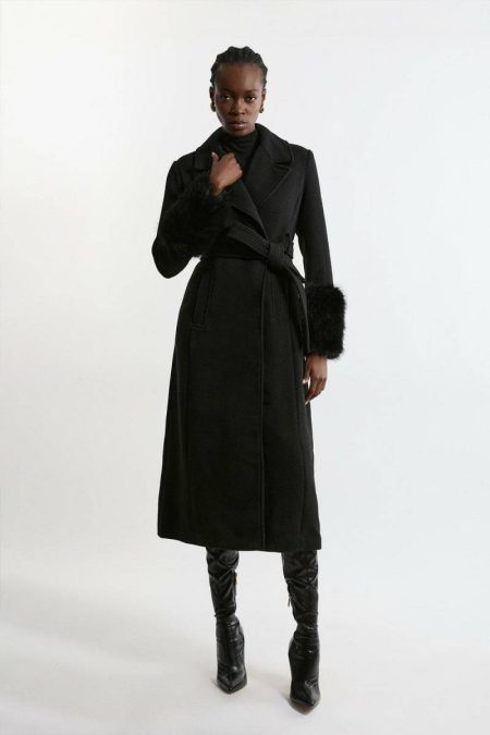 Women Black Karen Millen Tailoring Petite Wool Blend Detachable Faux Fur Belted Coat