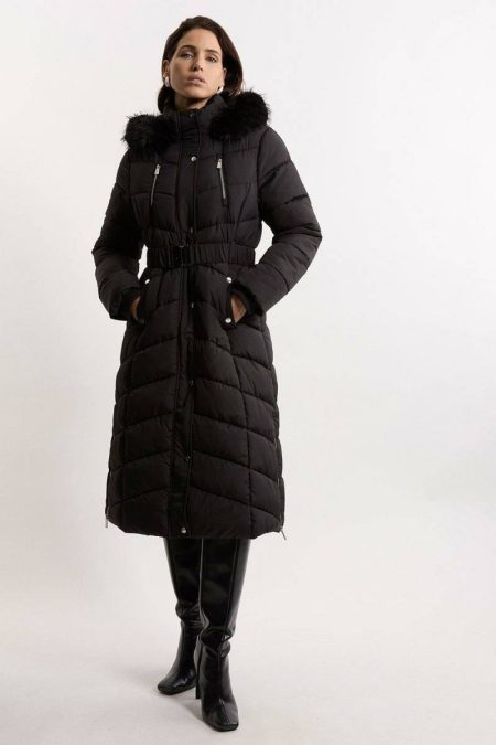 Women Black Karen Millen Tailoring Tall Faux Down Padded Belted Hooded Puffer Coat