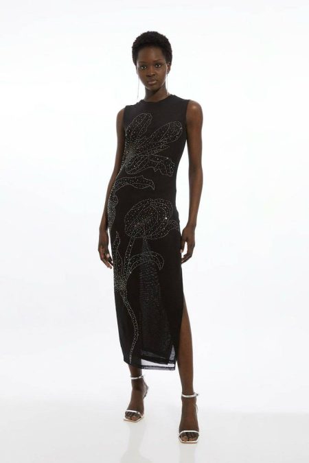 Women Black Petite Placed Embellished Floral Mesh Jersey Midi Dress Karen Millen Tailoring