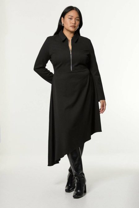 Women Black Plus Size Technical Crepe Tailored Metal Zip Detail High Low Midi Dress Tailoring Karen Millen