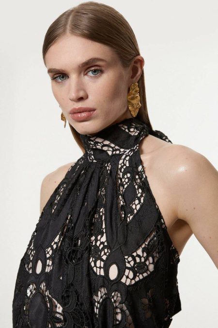 Women Black Sheer Georgette Cutwork Woven Halter Top Tailoring Karen Millen