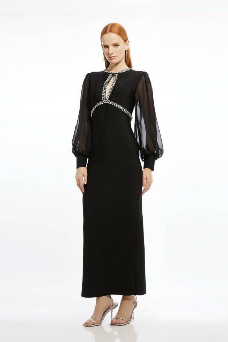 Women Black Tailoring Embellished And Chiffon Sleeve Figure Form Knit Maxi Dress Karen Millen