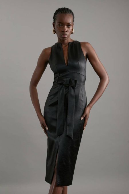 Women Black Tailoring Karen Millen Italian Structured Satin Bow Detail Tailored Midi Dress