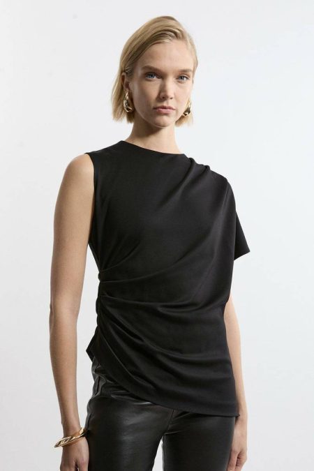 Women Black Tailoring Karen Millen Petite Tailored Ponte Asymmetric Drape Top