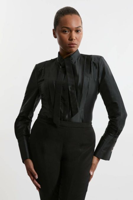 Women Black Tops Karen Millen Archive Collection - Plus Size Taffeta Pleat Detail Shirt