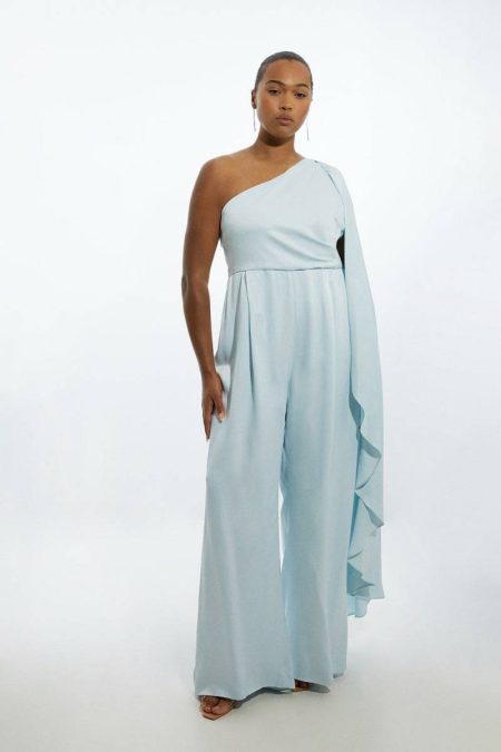 Women Blue Karen Millen Plus Size Satin Back Crepe Drape One Shoulder Wide Leg Jumpsuit Tailoring