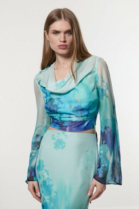 Women Blue Ombre Floral Cowl Front Woven Top Tops Karen Millen
