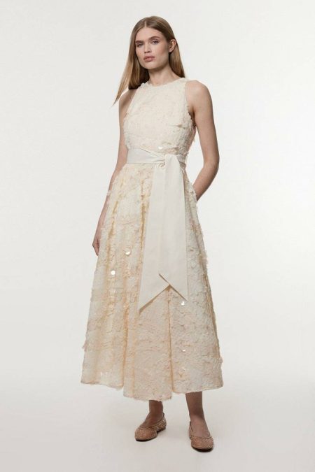 Women Blush Sequin Floral Belted Woven Maxi Prom Dress Karen Millen Maxi Dresses