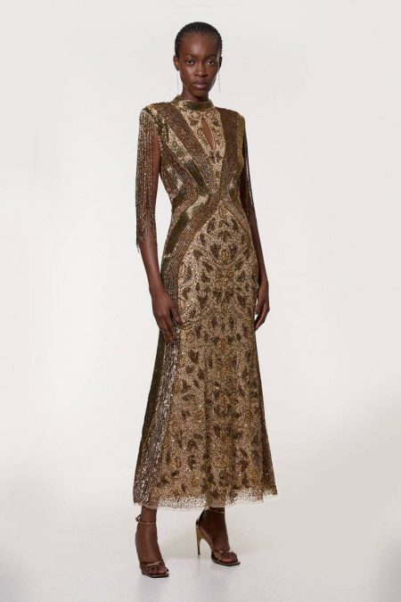 Women Bronze Karen Millen Petite Embellished Beaded Cap Sleeve Woven Maxi Dress Maxi Dresses