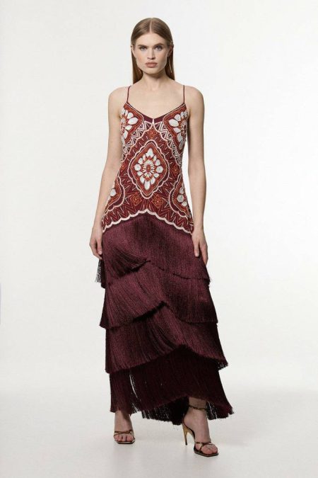 Women Burnt Orange Petite Embellished Fringe Strappy Woven Maxi Dress Maxi Dresses Karen Millen