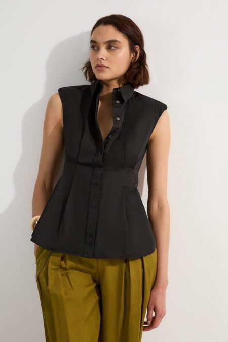 Women Camel Cotton Sleeveless Tailored Shirt Tops Karen Millen
