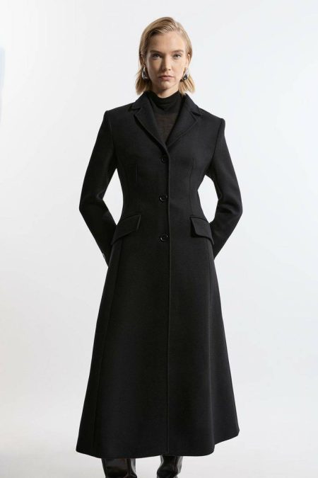 Women Camel Premium Italian Manteco Wool Full Skirted Tailored Midaxi Coat Karen Millen Tailoring