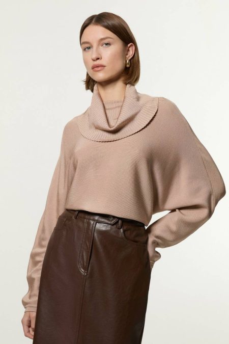 Women Champagne Polished Slinky Knit Oversized Turtleneck Top Karen Millen Tailoring