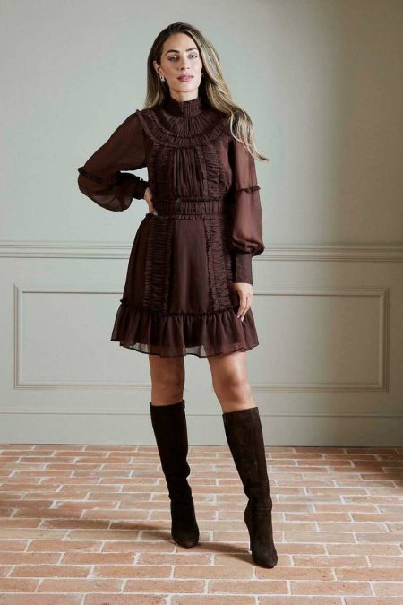 Women Choc Brown Lydia Millen Petite Pleat Crinkle High Neck Drama Sleeve Woven Mini Dress Tailoring Karen Millen
