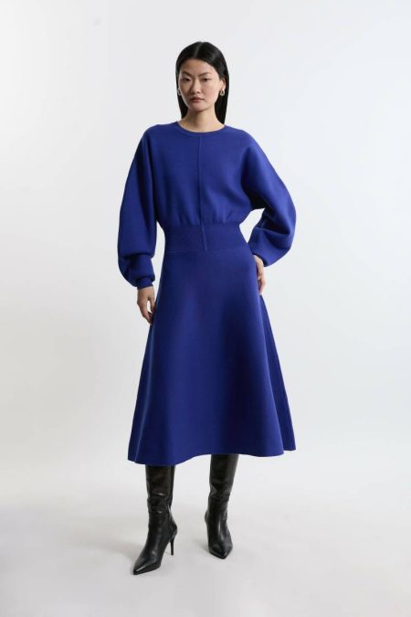 Women Cobalt Midi Dresses Karen Millen Compact Wool Look Milano Knit Round Sleeve Midi Dress