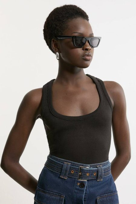 Women Compact Jersey Rib Racer Crop Top Black Karen Millen Tops