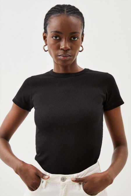Women Compact Jersey Short Sleeve Ribbed Top Ivory Karen Millen Tops