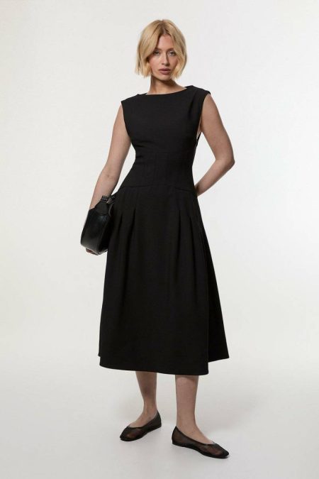 Women Compact Stretch Open Back Full Skirted Tailored Midi Dress Midi Dresses Karen Millen Ivory
