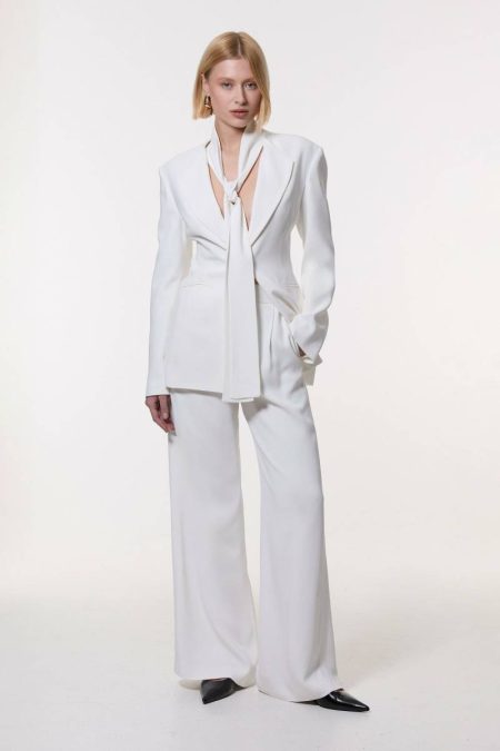 Women Compact Stretch Viscose Wide Leg Dress Pants Karen Millen Tailoring Ivory