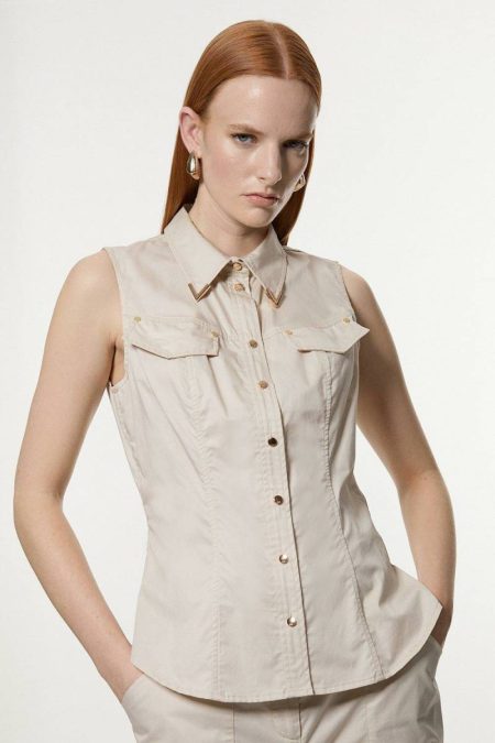 Women Cotton Sateen Utility Detail Woven Blouse With Gold Hardware Karen Millen Tops Stone
