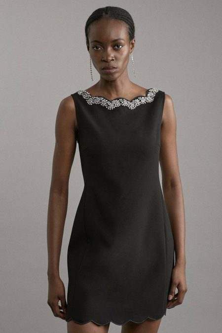 Women Crystal Embellished Scalloped Tailored Mini Dress Karen Millen Tailoring Ivory