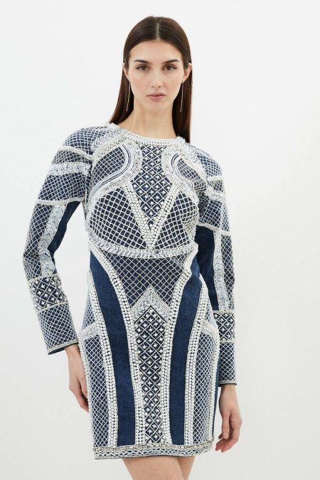 Women Denim Embellished Pearl Long Sleeve Mini Dress Tailoring Karen Millen